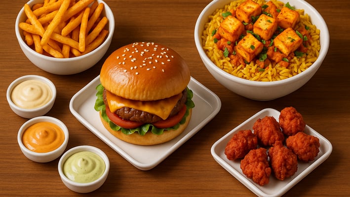 peri-peri fries, classic chicken burger, rice bowl, chicken pakora, mayp sauce