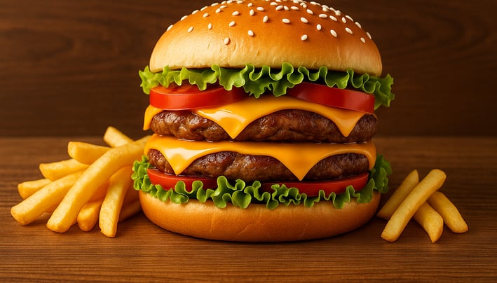 Smoky Barbeque Chicken Burger (Double Patty + Double Cheese) with golden crispy salted french fries