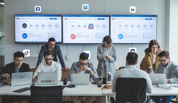 "A modern high-tech business office featuring digital screens with AI analytics, professionals working at computers, holograp