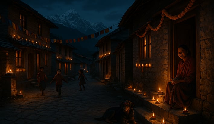 Nepali mountain village glowing with rows of oil lamps and marigold garlands during the Tihar festiv