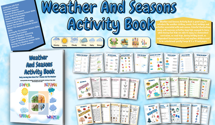 Weather and Seasons Activity Book is great way to introduce the weather clothing, words and food.