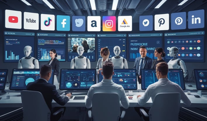 "Realistic scene of a smart ad automation team featuring professional humans and AI robots working together in a high-tech di