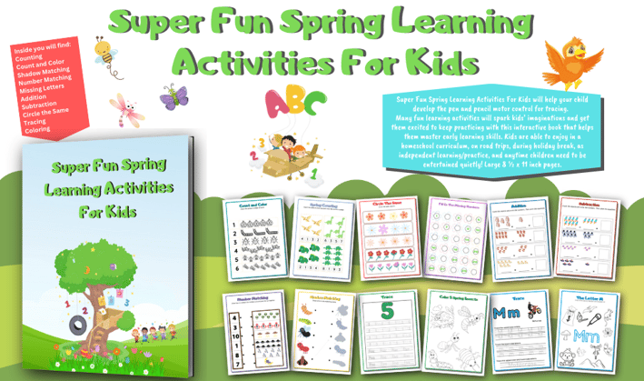 Super Fun Spring Learning Activities For Kids Is A Tracing, Counting, Coloring, Math, Matching And More Activity Book.