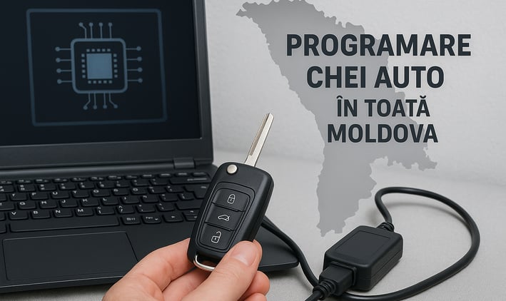 Laptop conectat la cheie auto pentru programare în Chișinău și toată Moldova