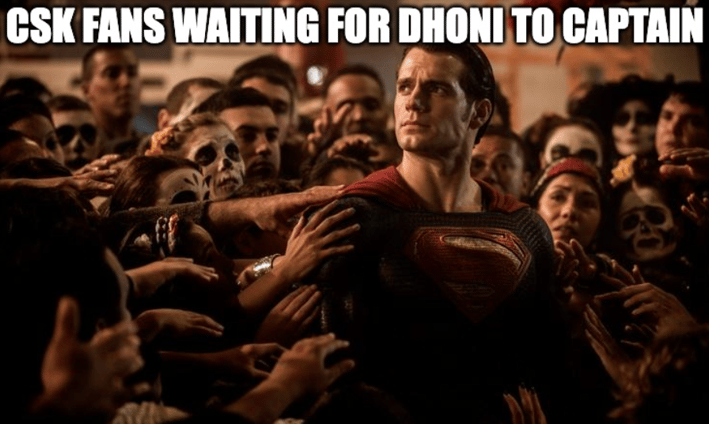 CSK fans meme showing Superman surrounded by crowd, representing fans eagerly waiting for MS Dhoni t