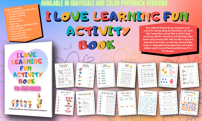 Count and color, matching, addition, subtraction, word search, tracing letters and sight words.
