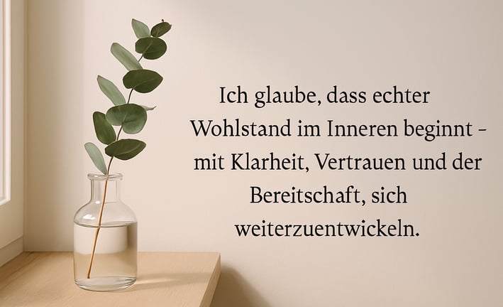 Minimalistische Szene mit Eukalyptuszweig in Glasvase am Fensterbrett und Zitat über inneren Wohlsta