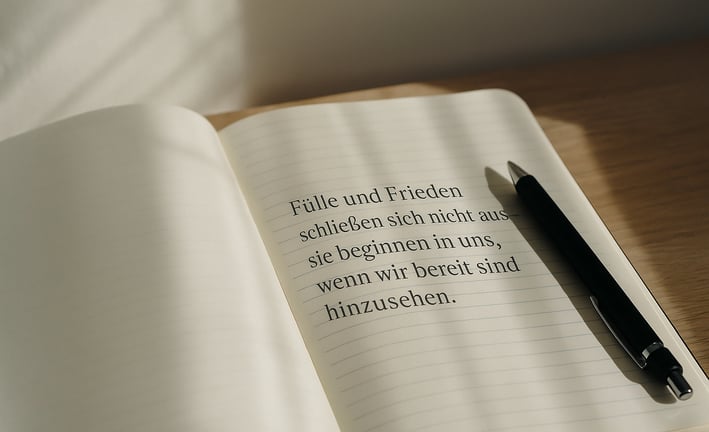 Minimalistische Szene mit Eukalyptuszweig in Glasvase am Fensterbrett und Zitat über inneren Wohlsta
