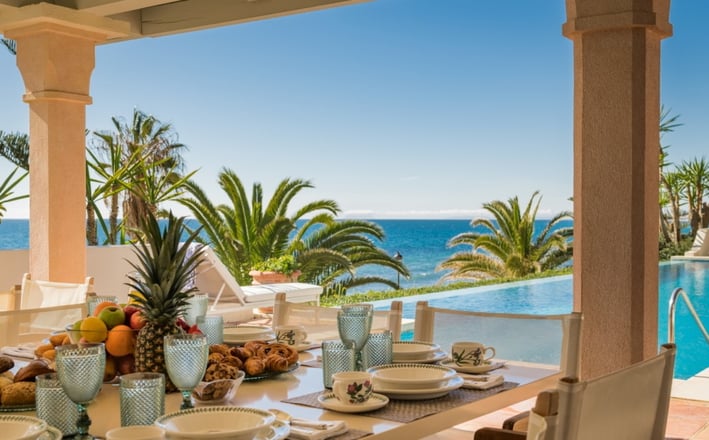 Pool area at Villa El Rincon, a luxury beachfront villa in Marbella.