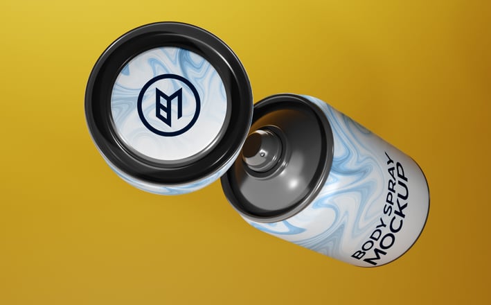 Close-up body spray mockup showing cap interior and spray nozzle against a golden backdrop