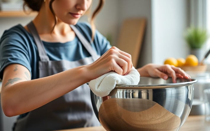 a woman in a blue apron is holding a cloth