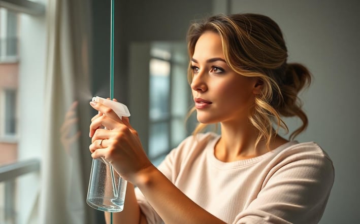 a woman holding a bottle of water and a spray bottle