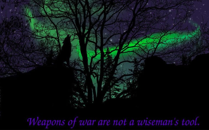 silhouette of wolf howling and trees against the Northern Lights and a sky full of stars