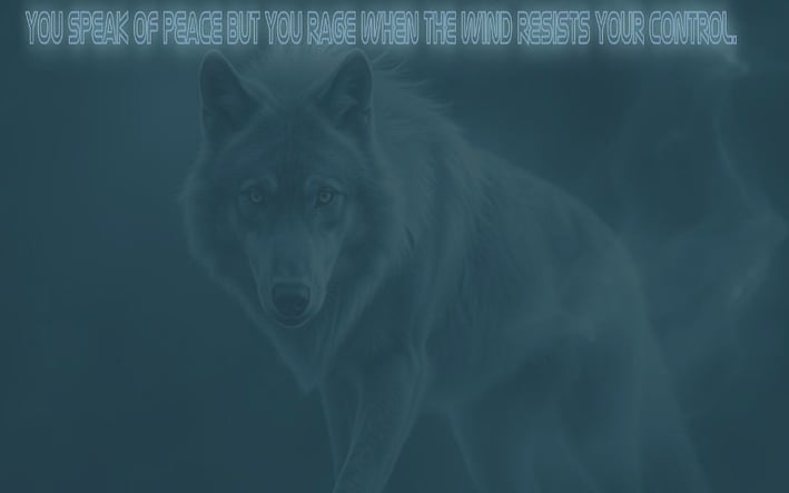 a wolf in the dark with a quote about peace and controle.