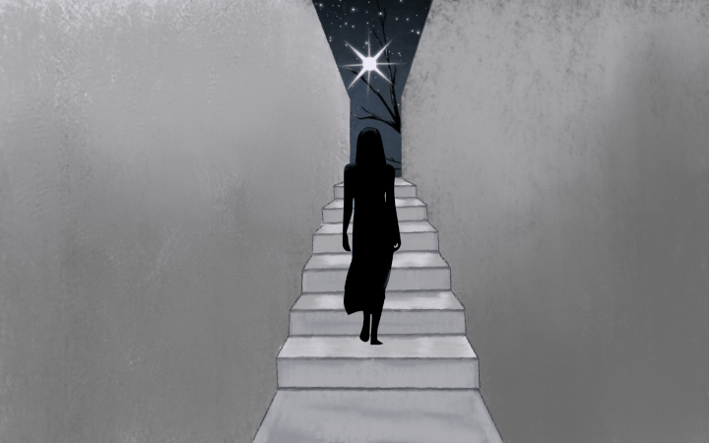 a person walking up a staircase way with a star in the sky