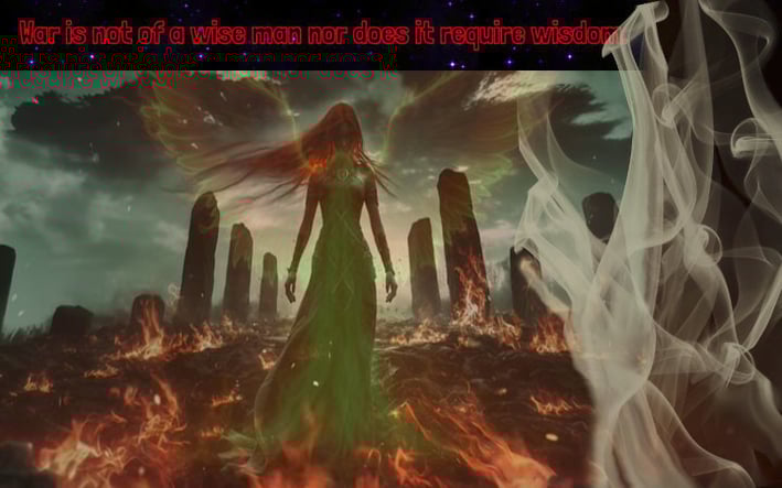 a woman in a green dress standing in a graveyard on fire.