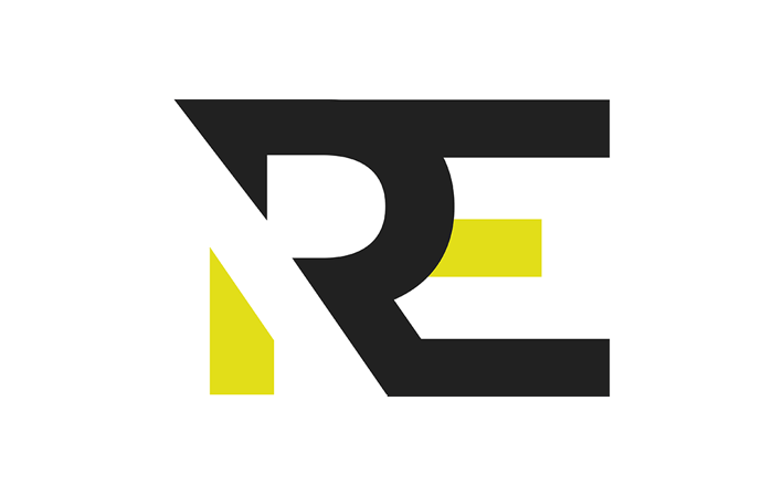 a black and yellow logo with the letter r