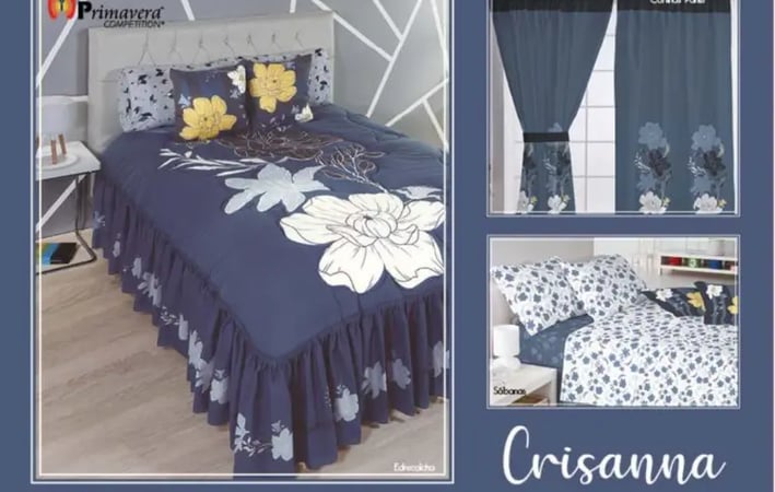 Edrecolcha azul modelo Crissana de la marca Colchas Primavera con su conjunto de cortinas y sabana.