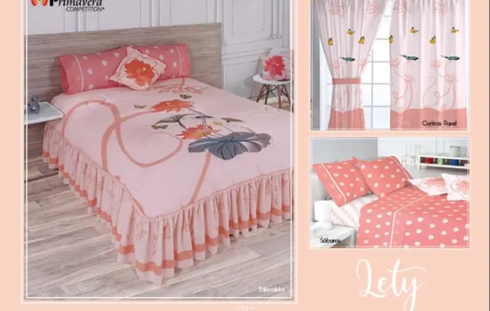 Edrecolcha rosa modelo Lety de la marca Colchas Primavera con su conjunto de cortinas y sabana.