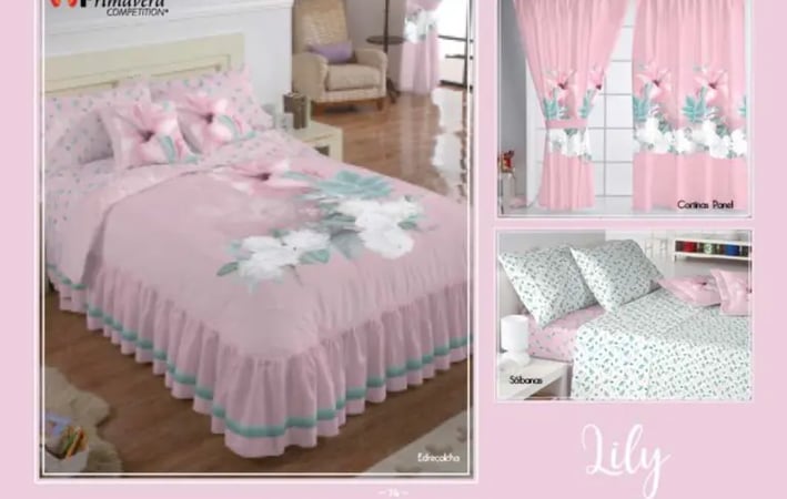 Edrecolcha rosa modelo Lily de la marca Colchas Primavera con su conjunto de cortinas y sabana.
