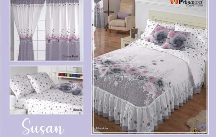 Edrecolcha morado modelo Susan de la marca Colchas Primavera con su conjunto de cortinas y sabana.