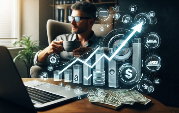 Income chart with dollar signs and digital products.