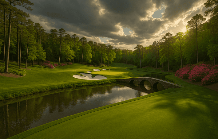 Panoramic view of Augusta National 12th hole with Rae’s Creek and dramatic lighting.