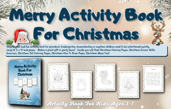 Merry Activity Book For Christmas is a Christmas activity book for ages 3-7.