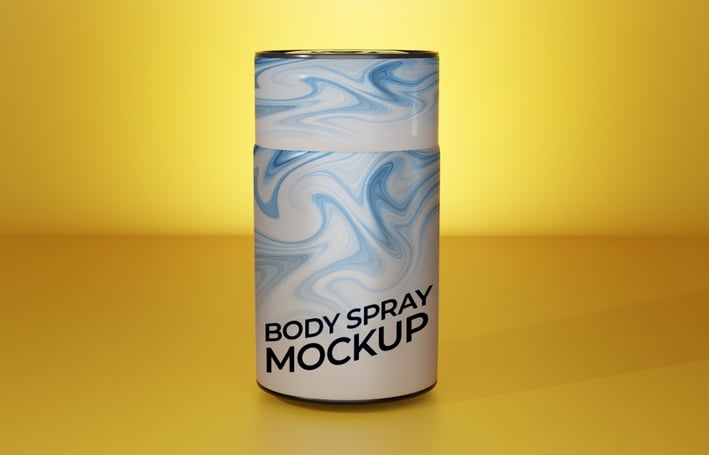 Standing body spray mockup with swirled blue pattern and black text on a yellow studio background