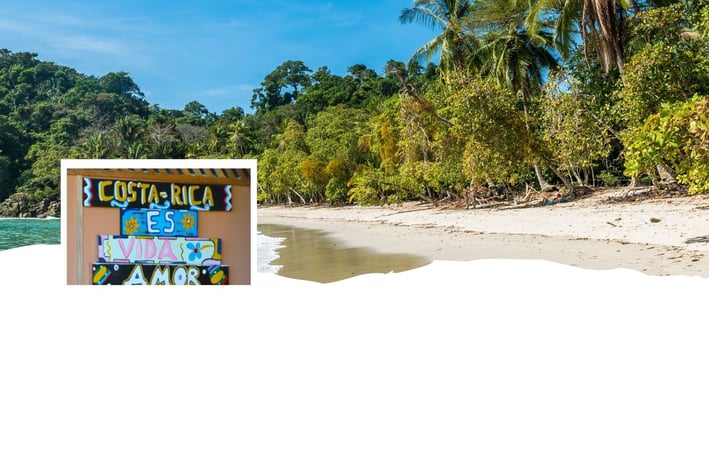 Montagem com praia na Costa Rica ao fundo e placa artesanal com a frase “Costa Rica é amor”.
