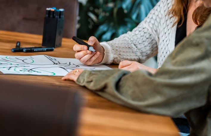 une femme est assise à une table montrant un dessin à son associée