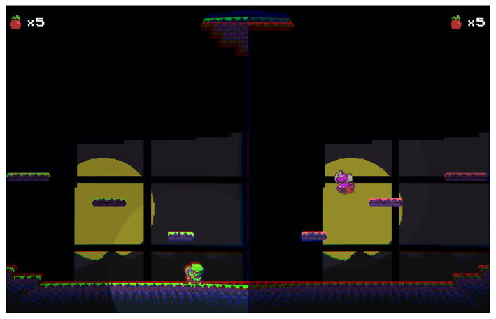 Split-screen gameplay showing Verdok and Roskar exploring opposite paths.