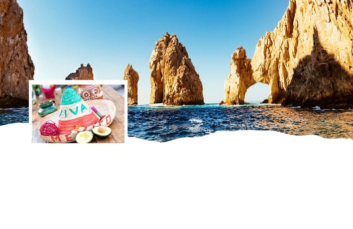 Montagem com chapéu típico mexicano e os arcos rochosos de Cabo San Lucas, ícones culturais e naturais do México vistos em cr