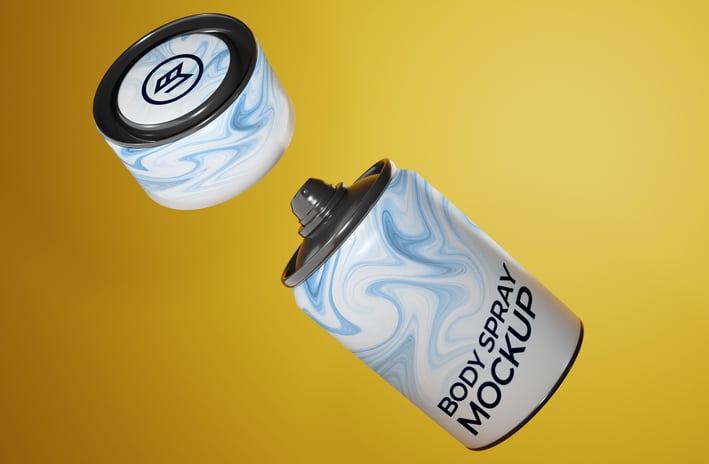 Floating body spray mockup with blue marble texture and open cap on a vibrant yellow background
