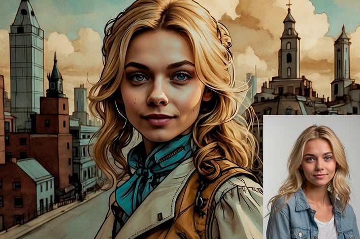Portrait photo transformed into a comic painting of a girl with steamp punk style