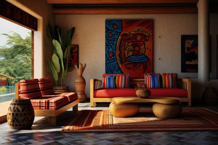 a living room with a couch and a painting