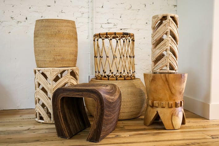 a variety of decorative wooden pieces of artisanly carved wood
