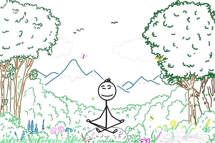 a drawing of a person sitting on a rock meditating with lush vegatation and mountinis back ground