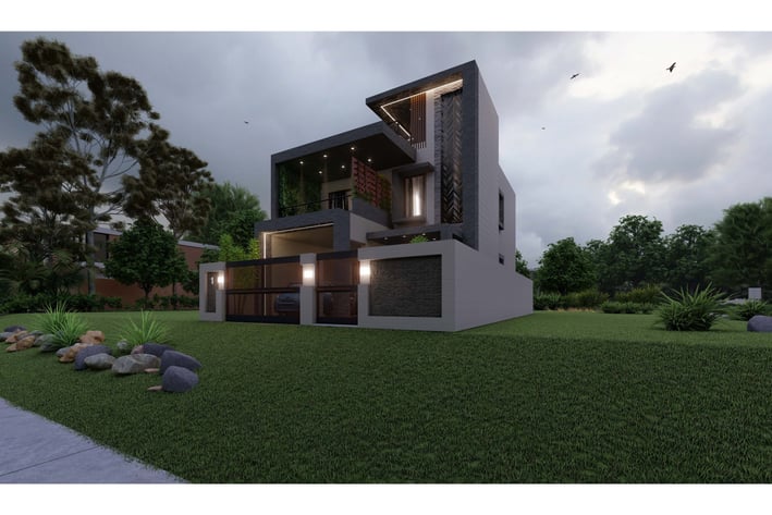 a house with a large lawn and a tree