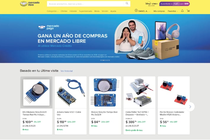 Ejemplo de feed personalizado en MercadoLibre con productos relacionados a búsquedas recientes