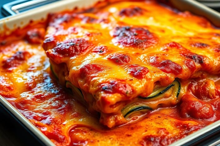 a casserole dish with a slice of lasagna