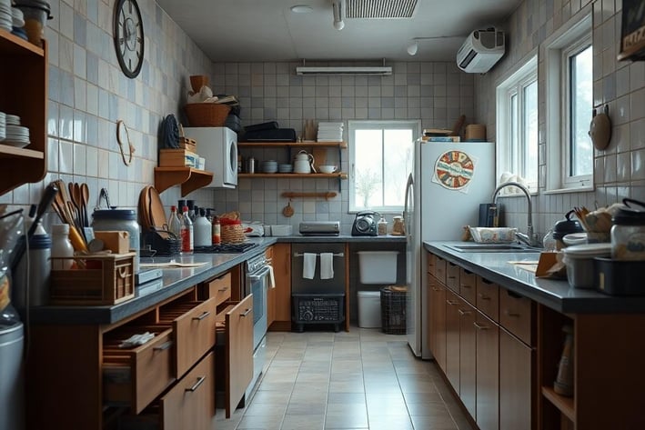 a messy kitchen with a sink and a window