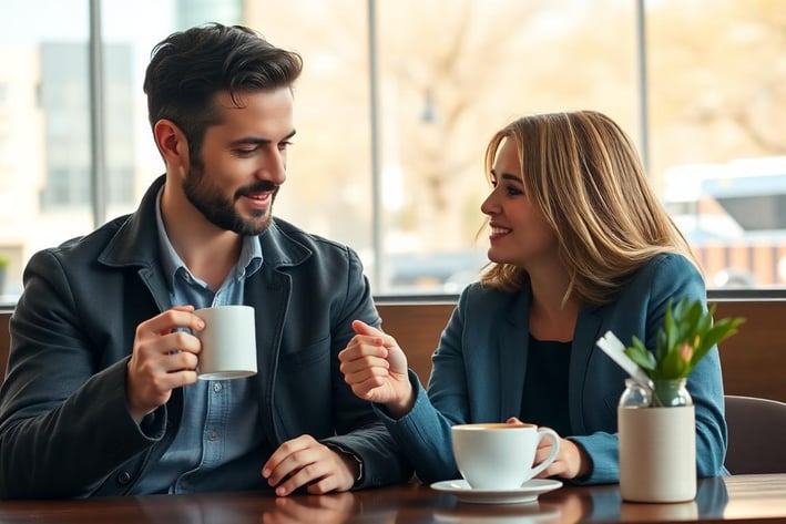a man and woman drinking coffee in a cafe