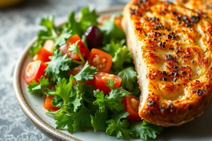 a garden salad and a piece of garlic bread on a plate