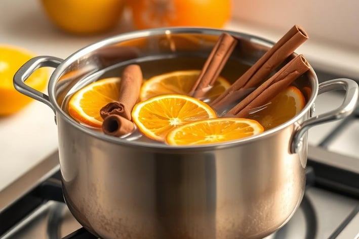 orange peels and cinnamon sticks cooking in a pot of water on the stove