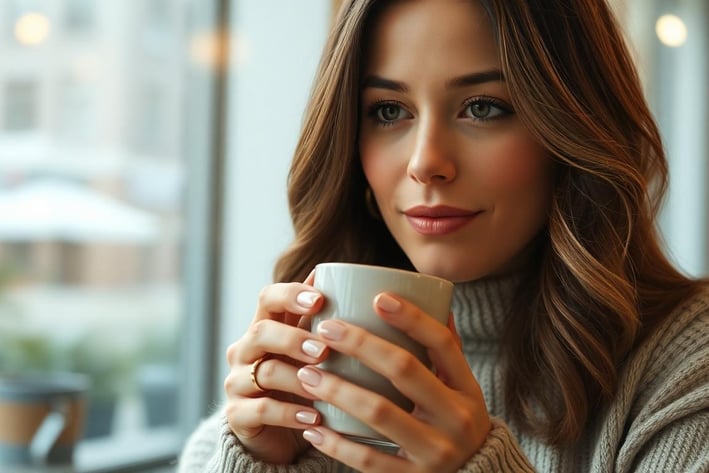 a woman in a sweater and sweater holding a cup of coffee