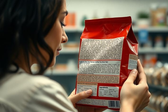 a woman holding a bag of coffee in a store