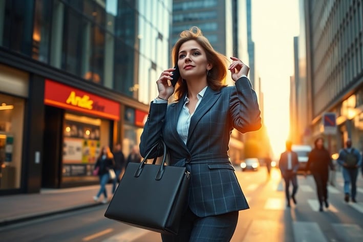 a woman in a suit and a handbag walking down a street