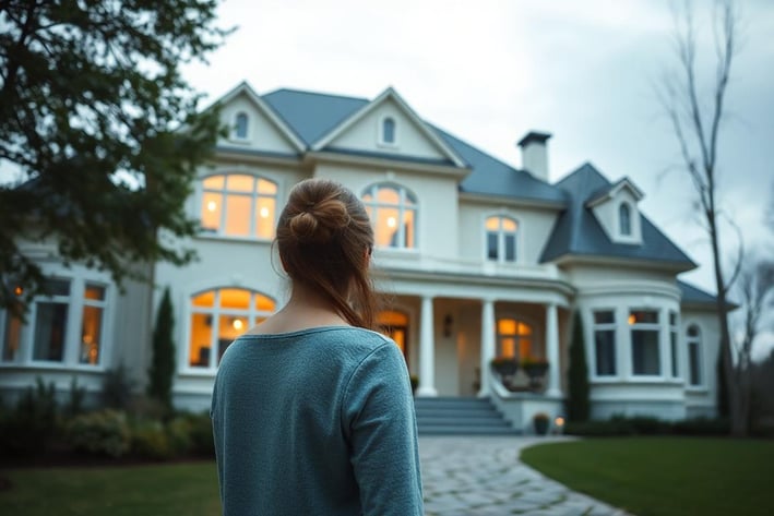 a woman standing in front of a house