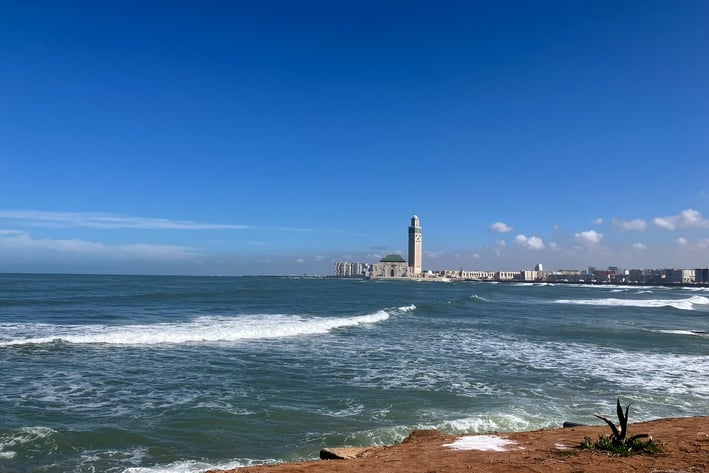 View of Hassan Mosque in Morocco from the harbor